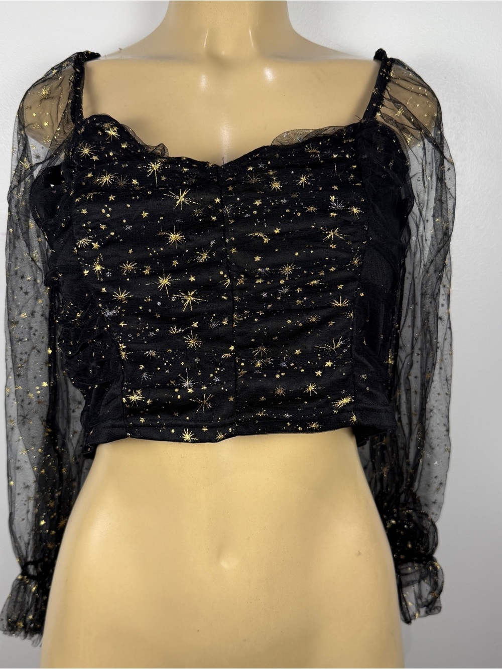 Crop Galaxy Bustier Top Sz L Y2K Stars Whimsigoth Dark Fairy Long Sleeves Shirt